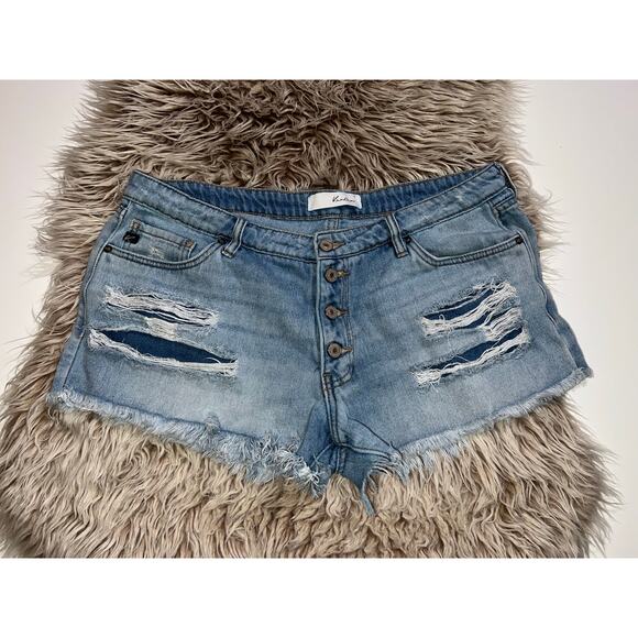 Kancan women’s button zipper distressed blue jeans shorts - Picture 1 of 9